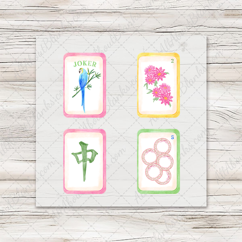 Spring Mahjong Garden Party: four ready-to-press mini transfers on wood mockup
