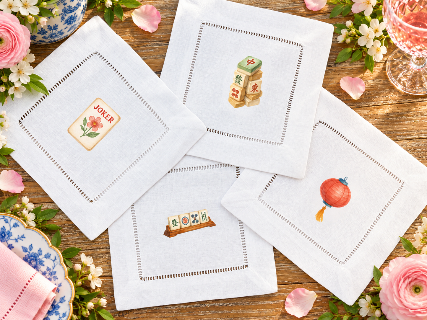Mahjong Lucky Tiles: four designs on white hemstitched cocktail napkins