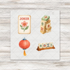 Mahjong Lucky Tiles: four ready-to-press mini transfers on wood mockup