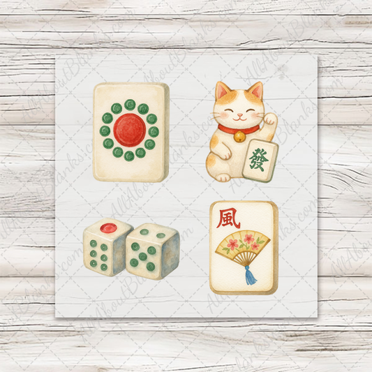 Mahjong Mahj Magic: four ready-to-press mini transfers on wood mockup
