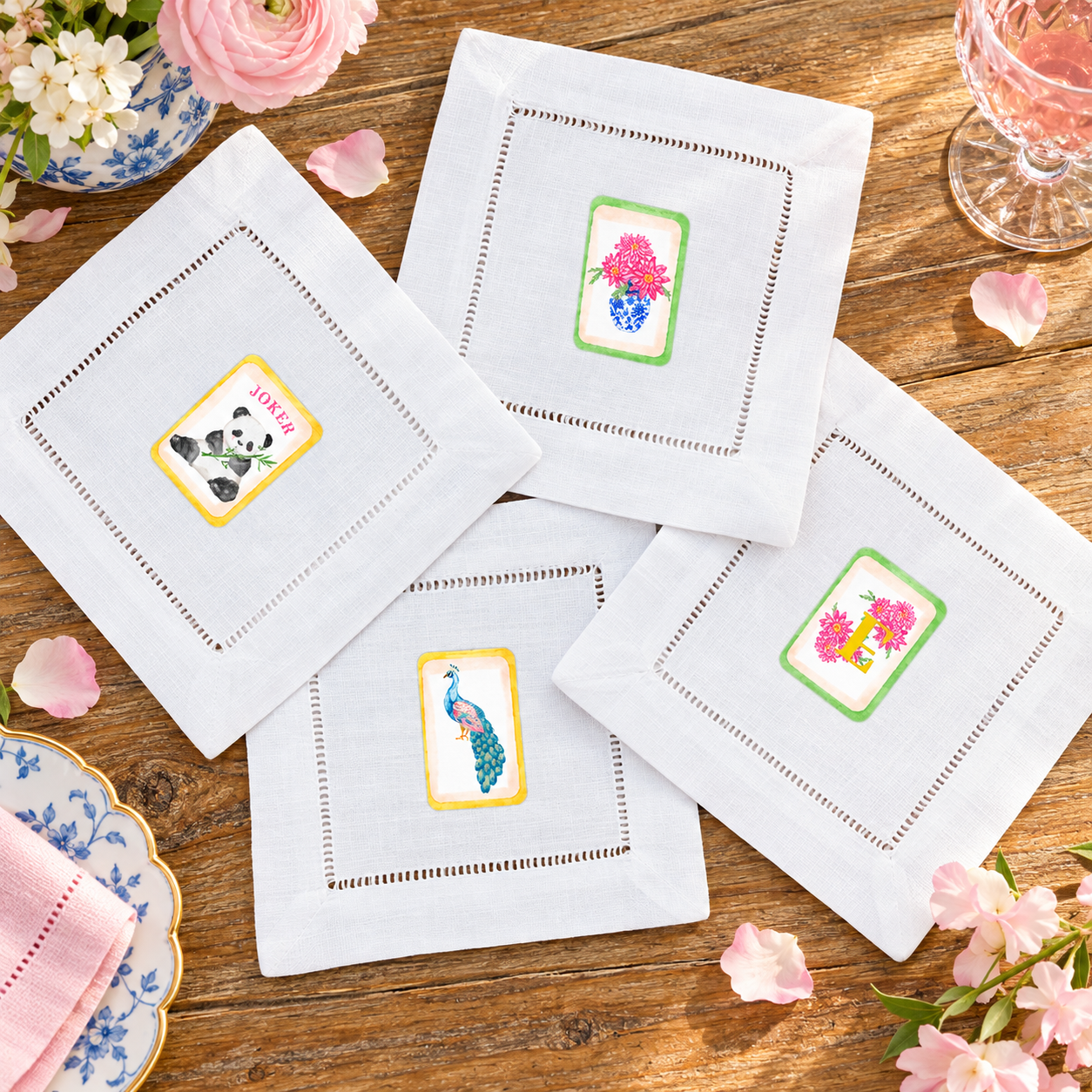 Spring Mahjong Pretty in Pink: four designs on white hemstitched cocktail napkins