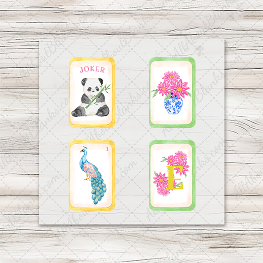 Spring Mahjong Pretty in Pink: four ready-to-press mini transfers on wood mockup