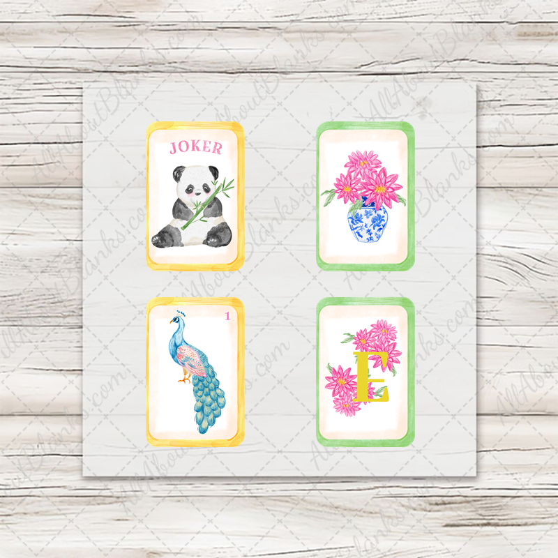 Spring Mahjong Pretty in Pink: four ready-to-press mini transfers on wood mockup