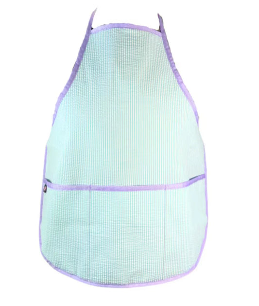 Seersucker Kids Apron - Mermaid Aqua with Purple Trim
