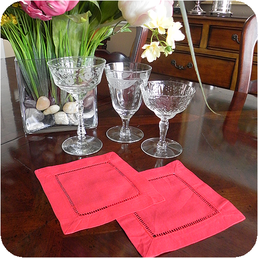 Red Hemstitched Cocktail Napkins - One Dozen