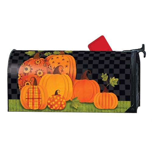 Black Background Orange Patterned Pumpkins MailWrap Mailbox Cover