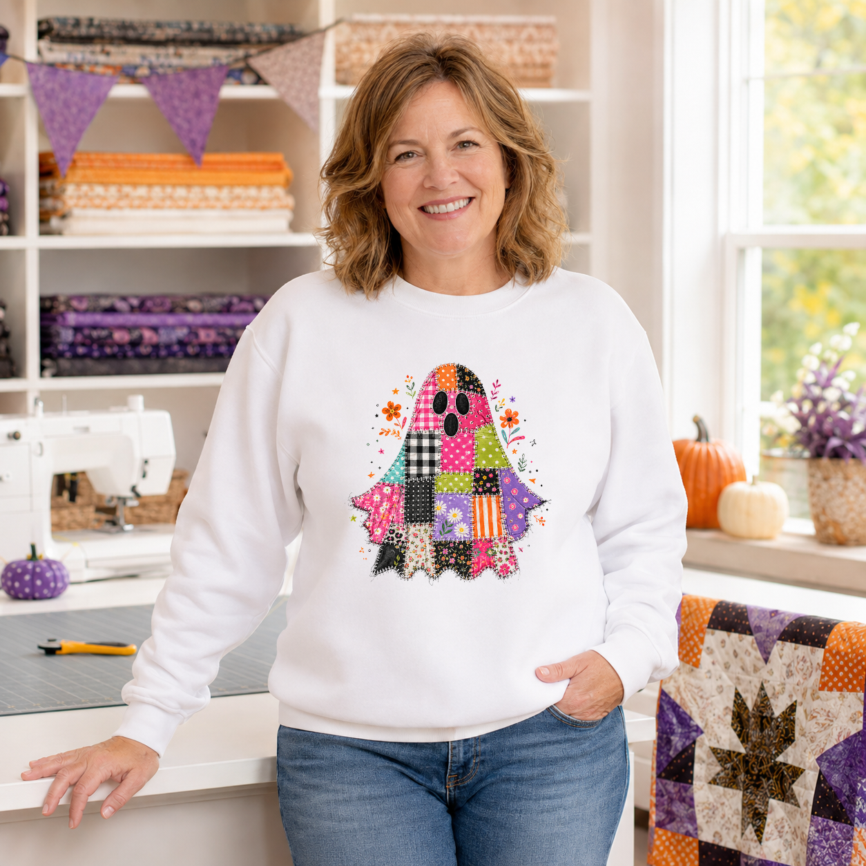 Preppy Patchwork Halloween Ghost Transfer