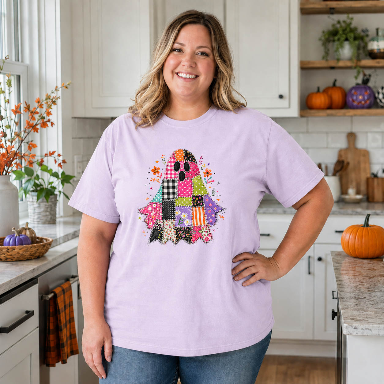 Preppy Patchwork Halloween Ghost Transfer