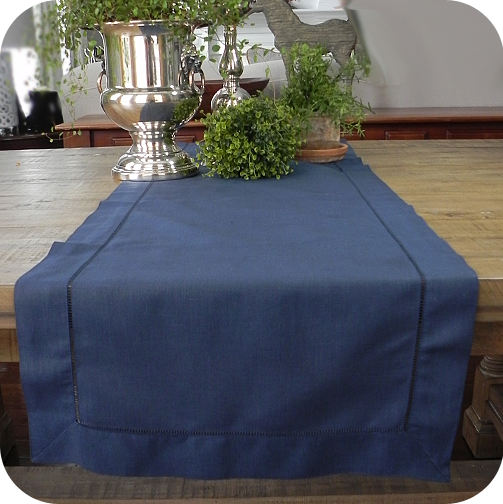 Navy Solid Hemstitched Linen Tablerunner