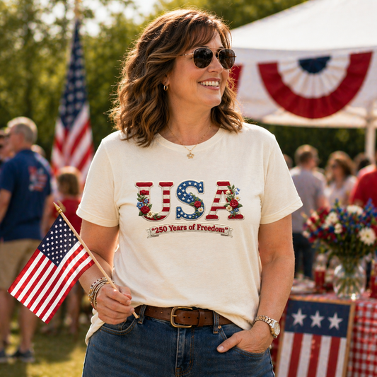 USA 250th Years Of Freedom Faux Yarn Transfer - T-SHIRT SIZE