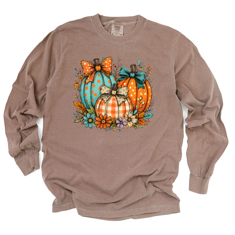 Boho aqua and orange pumpkin transfer on an espresso long-sleeve tee