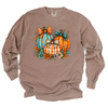 Boho aqua and orange pumpkin transfer on an espresso long-sleeve tee