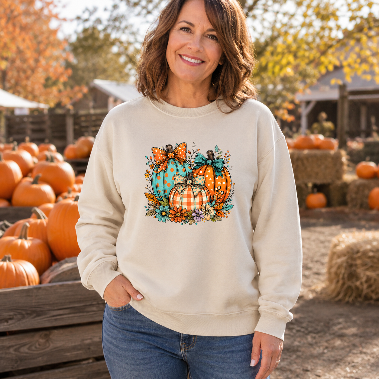 Woman wearing a sand sweatshirt with aqua and orange pumpkins, bows and flowers