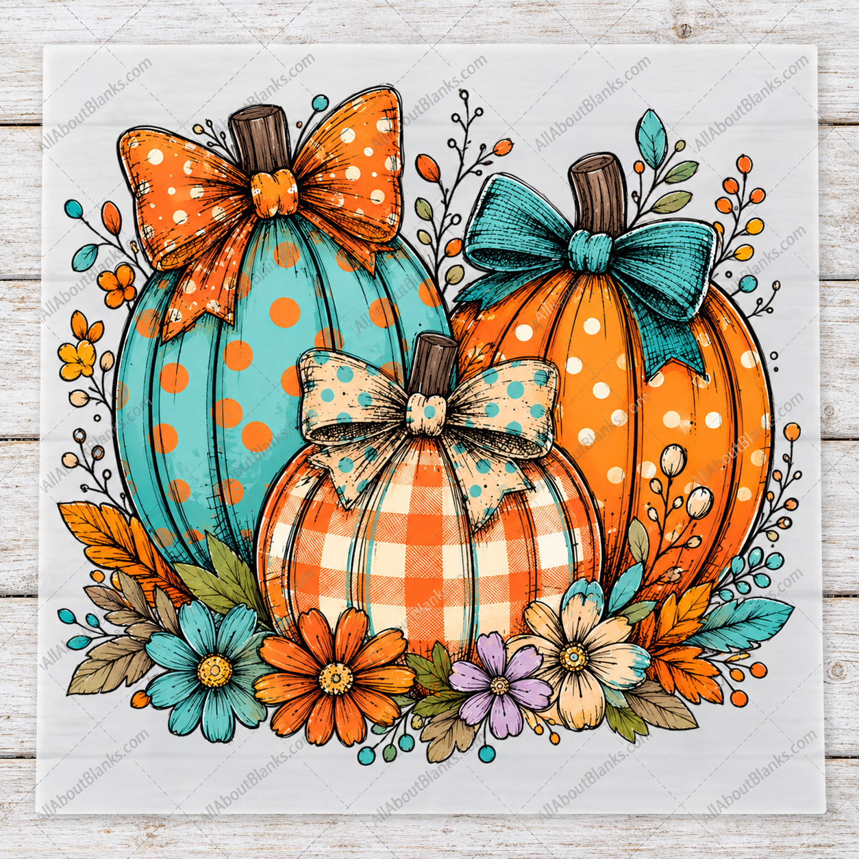 Boho Aqua Pumpkins transfer artwork on whitewashed wood with AllAboutBlanks watermark