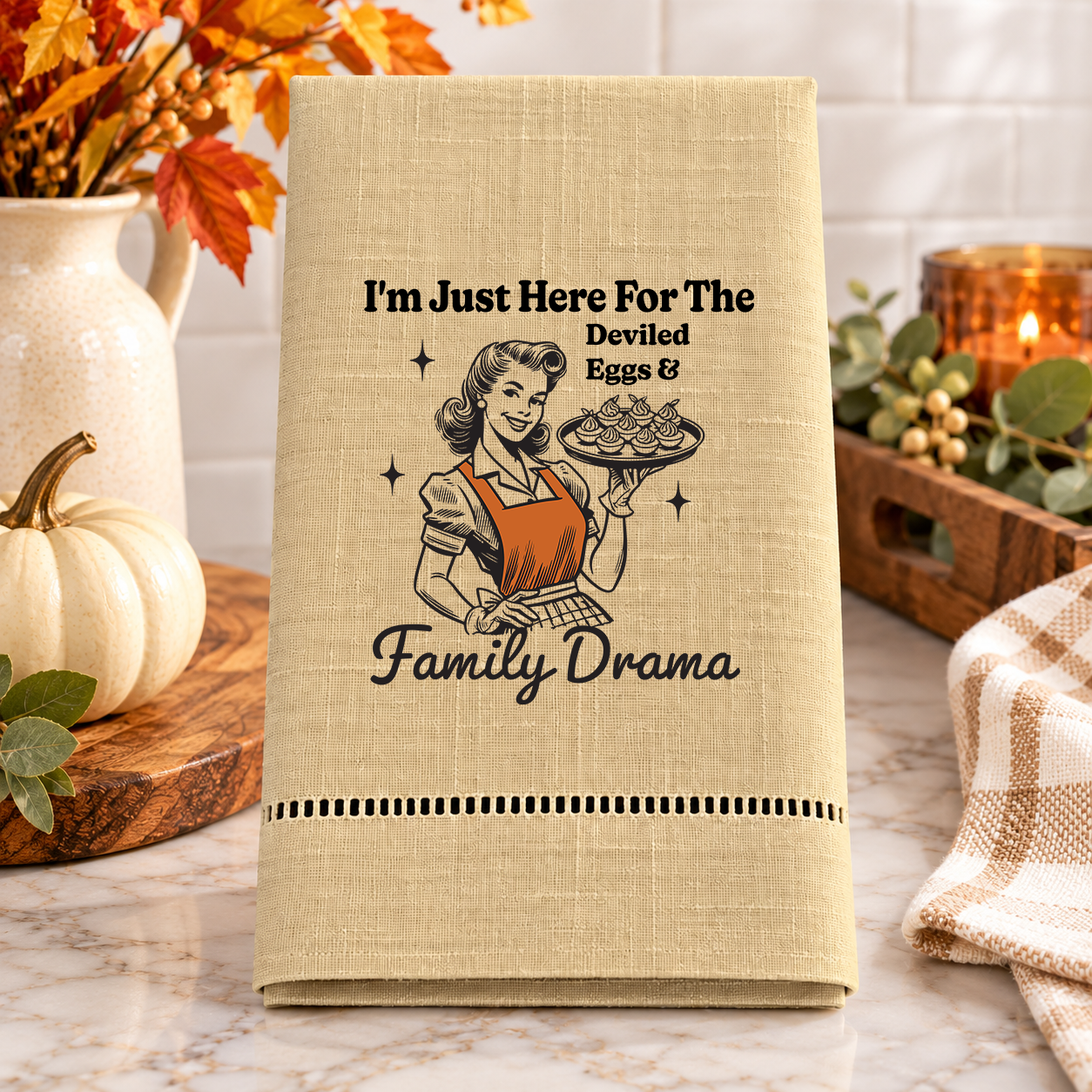 Finished towel example with Deviled Eggs and Family Drama design