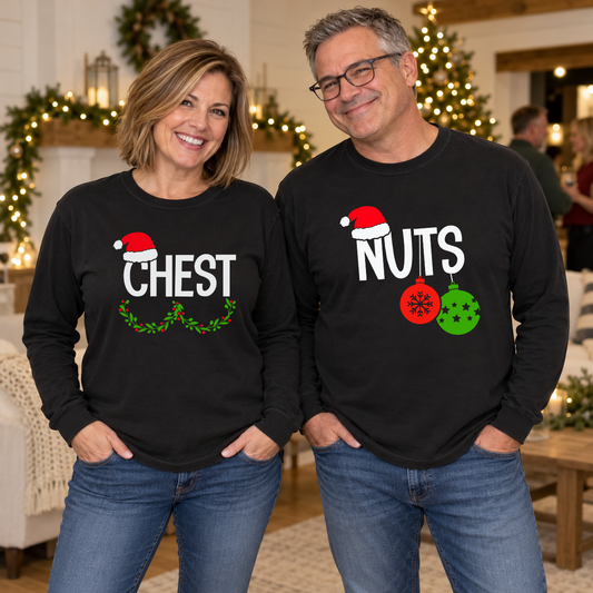 Couple wearing CHEST and NUTS Christmas transfers on black long-sleeve tees