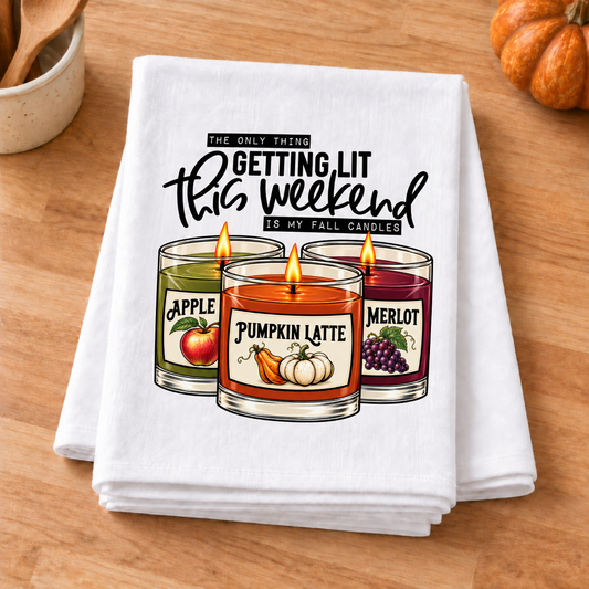 Fall Scented Candles transfer on a folded white towel in an autumn kitchen