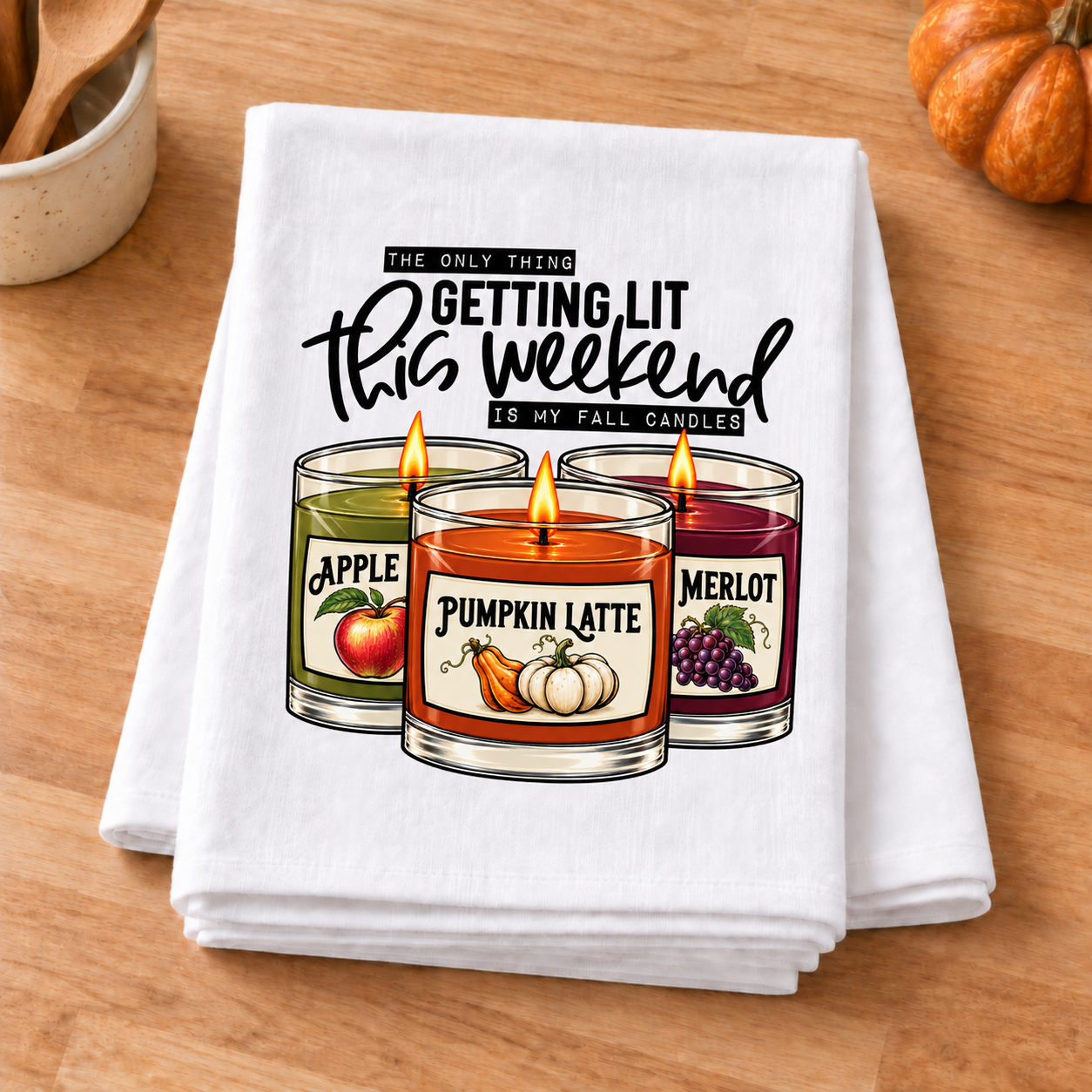 Fall Scented Candles transfer on a folded white towel in an autumn kitchen
