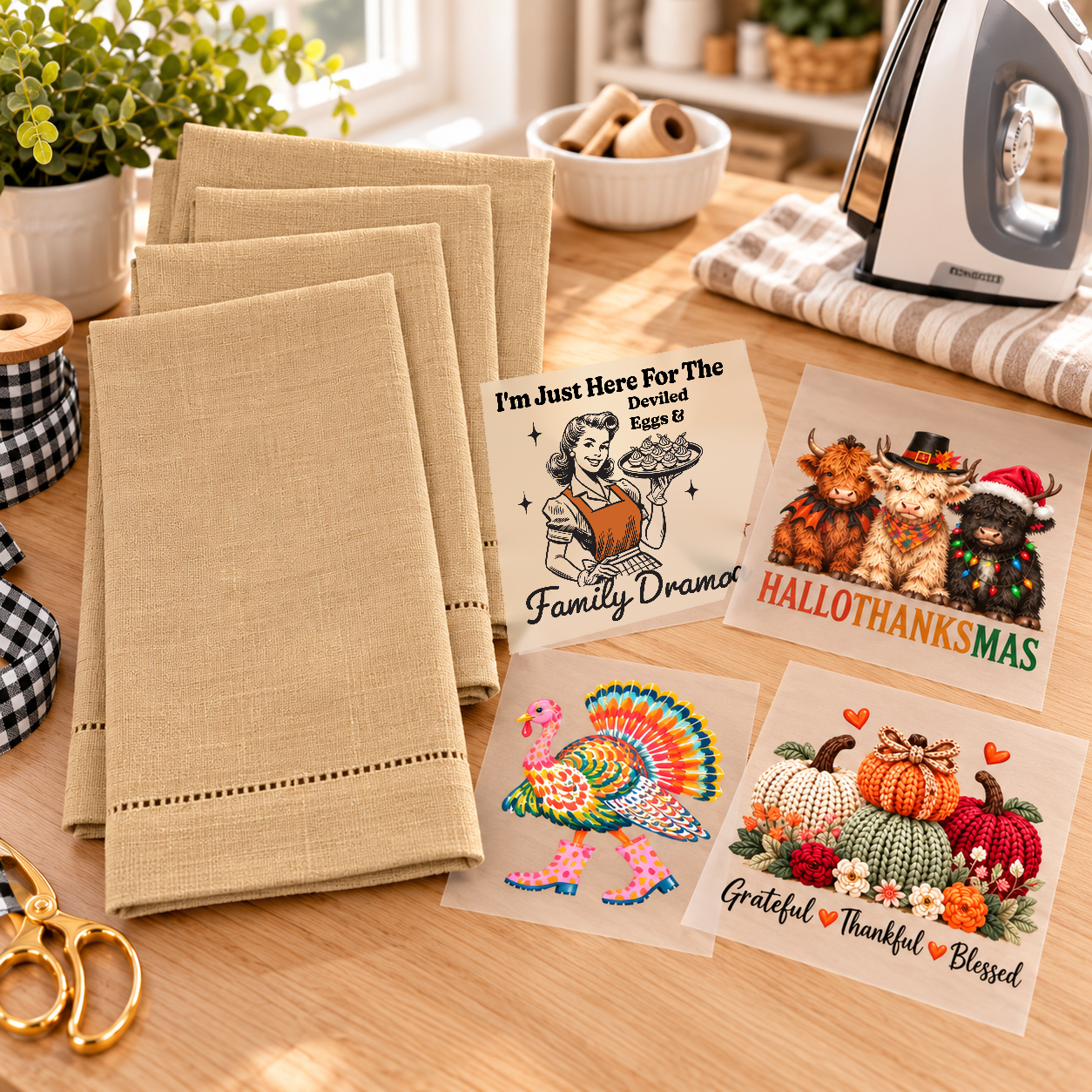 Four blank taupe hemstitched guest towels and four included ready-to-press designs