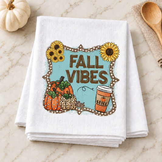 Fall Vibes transfer on a folded white towel in a fall kitchen