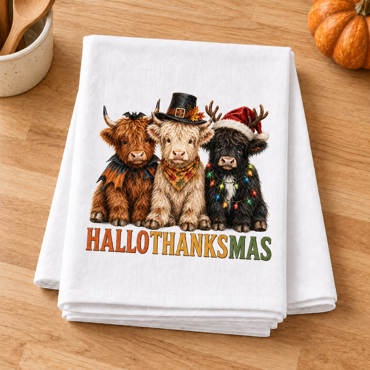 Hallothanksmas Highland Cows transfer on a folded white towel in a fall kitchen