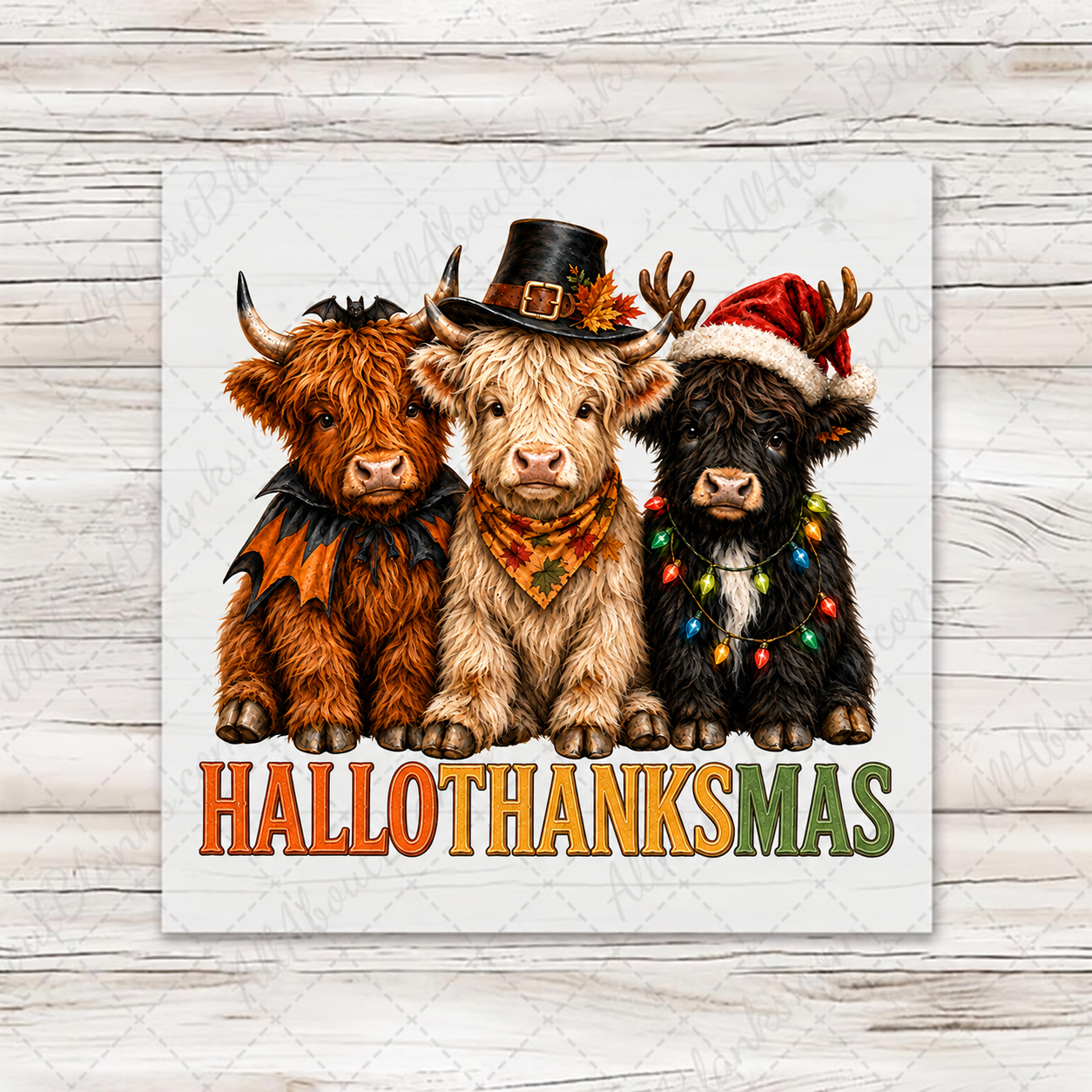 Hallothanksmas Highland Cows on the standard wood transfer preview with AllAboutBlanks.com watermark