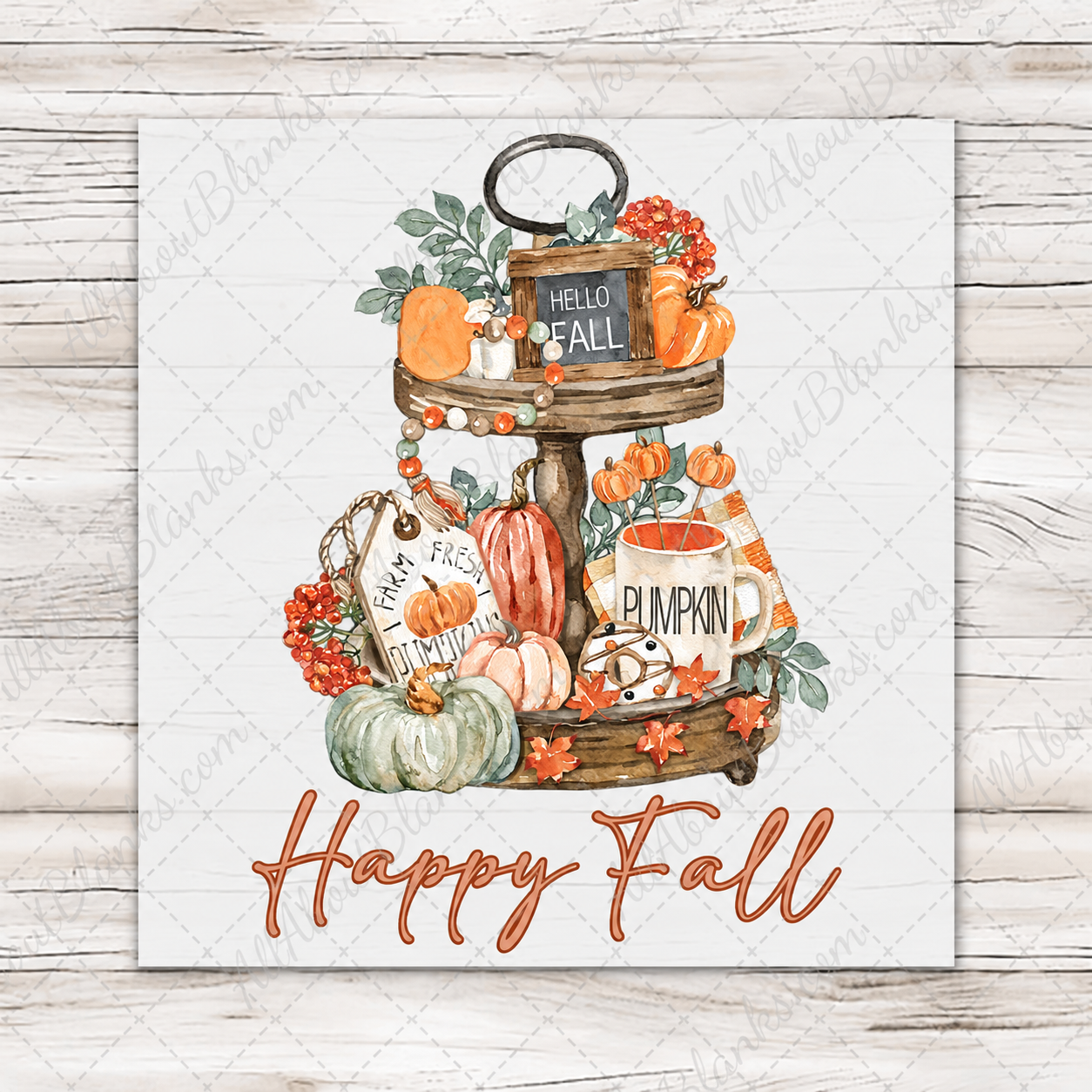 Happy Fall Tiered Tray DTF transfer preview on whitewashed wood