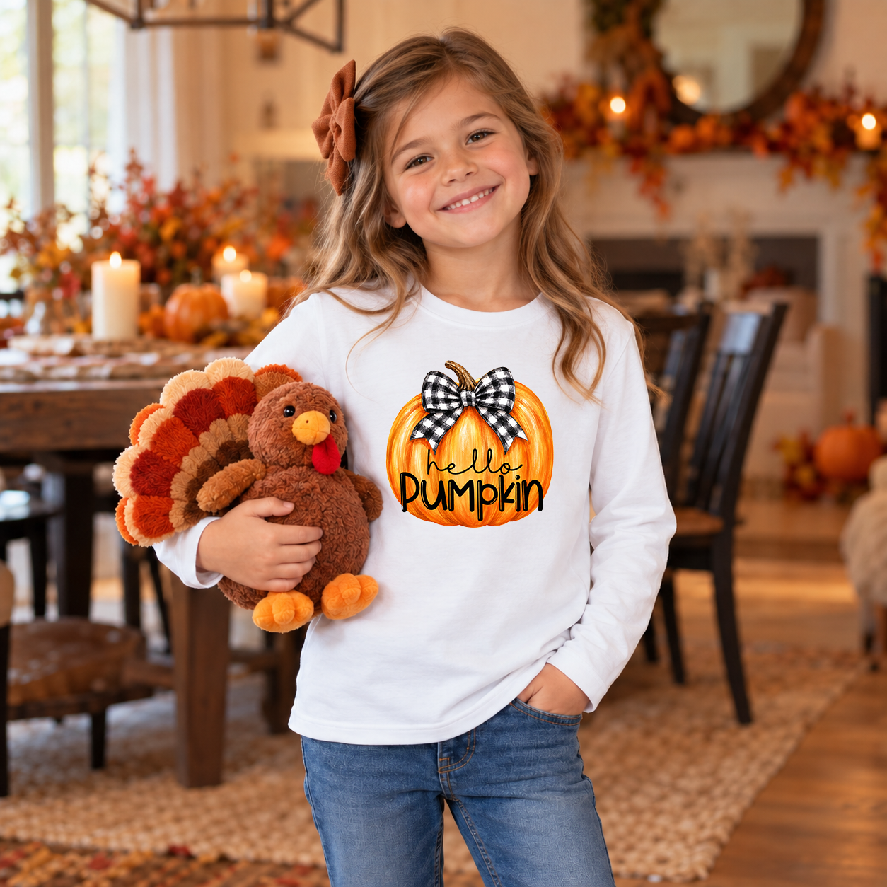 Hello Pumpkin Gingham Bow transfer shown on a youth white long-sleeve tee