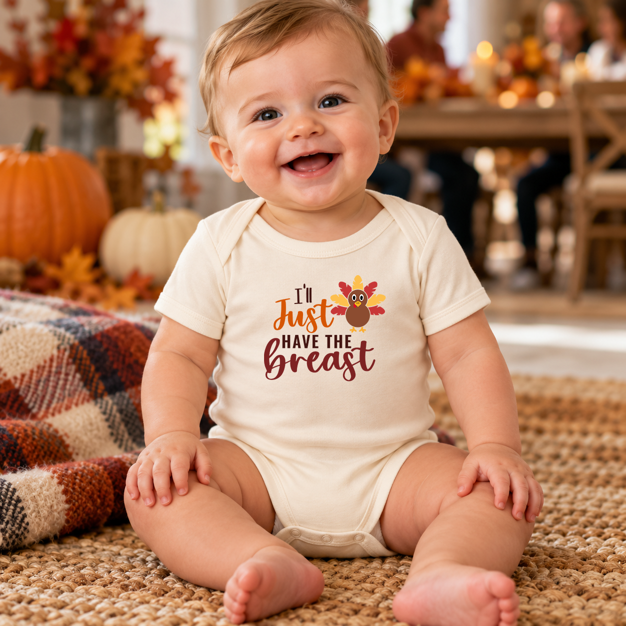 Baby wearing a Natural onesie with I'll Just Have The Breast Thanksgiving turkey transfer