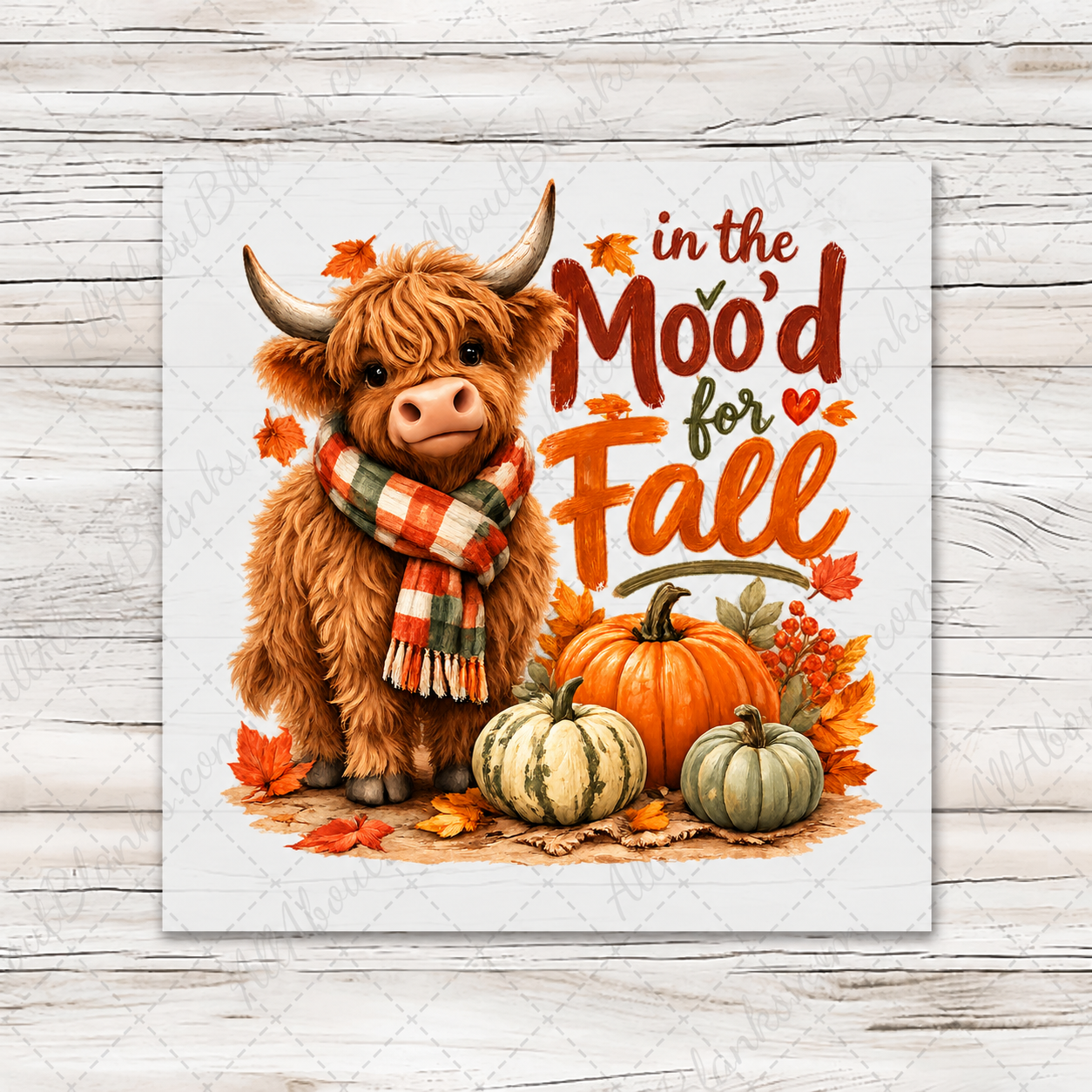 In the Mood for Fall Highland Cow wood transfer preview with AllAboutBlanks.com watermark