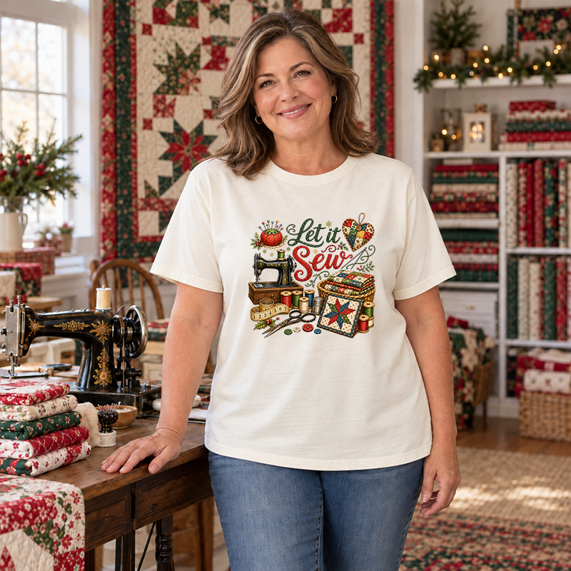 Woman wearing an ivory tee with Let It Sew Christmas Quilting transfer in a Christmas sewing room