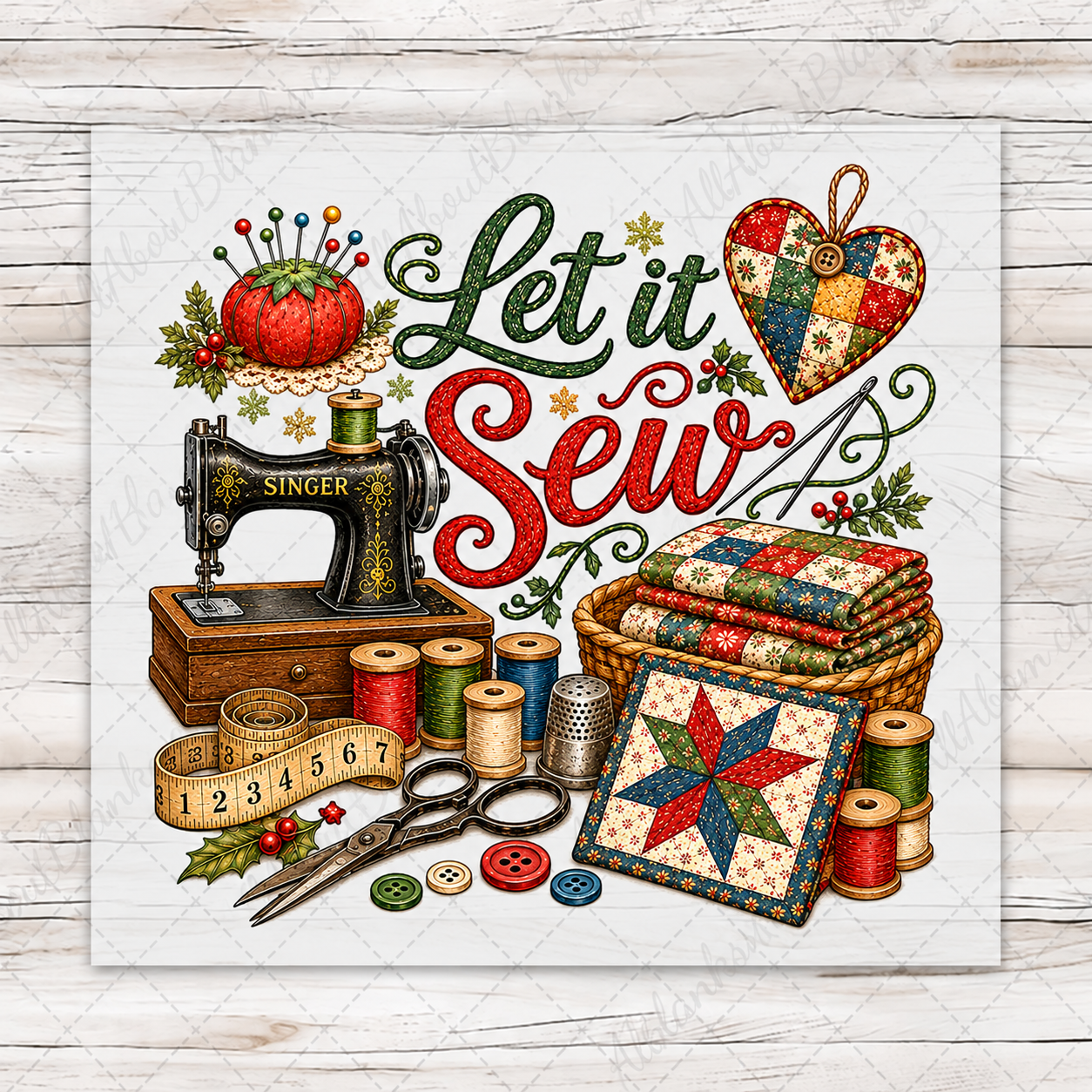 Let It Sew Christmas Quilting artwork on standard wood transfer preview