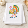 Preppy Turkey in pink boots on a folded white kitchen towel