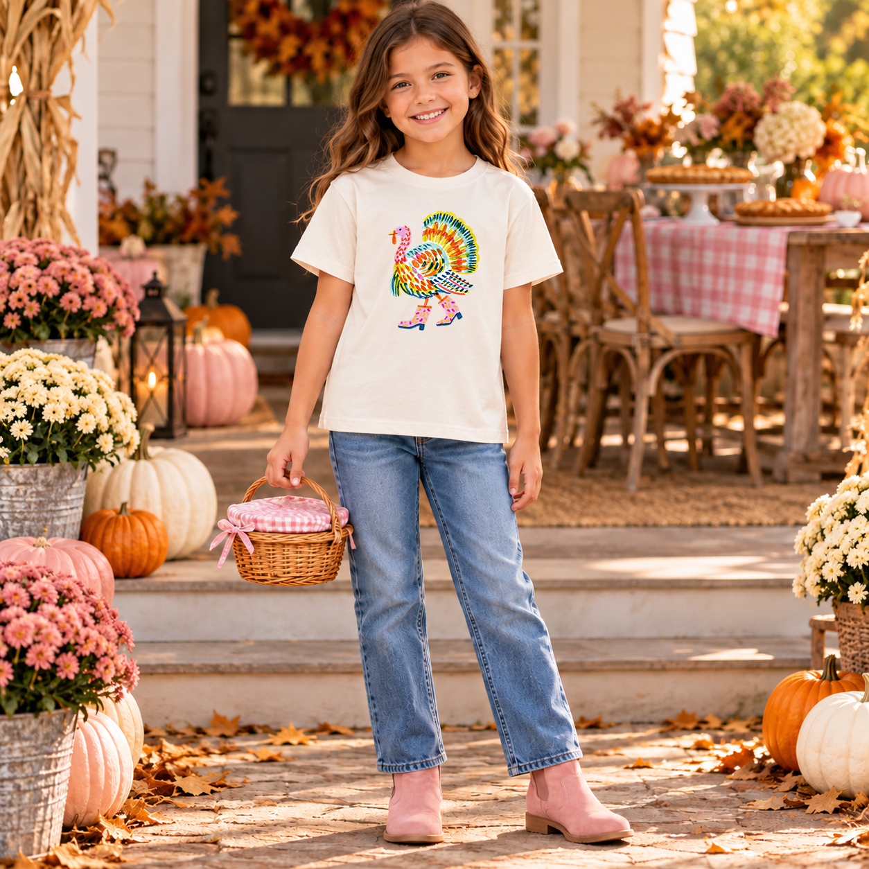 Girl wearing an ivory tee with colorful Preppy Turkey in pink boots