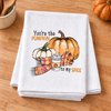 Pumpkin To My Spice transfer on a folded white towel in a fall kitchen