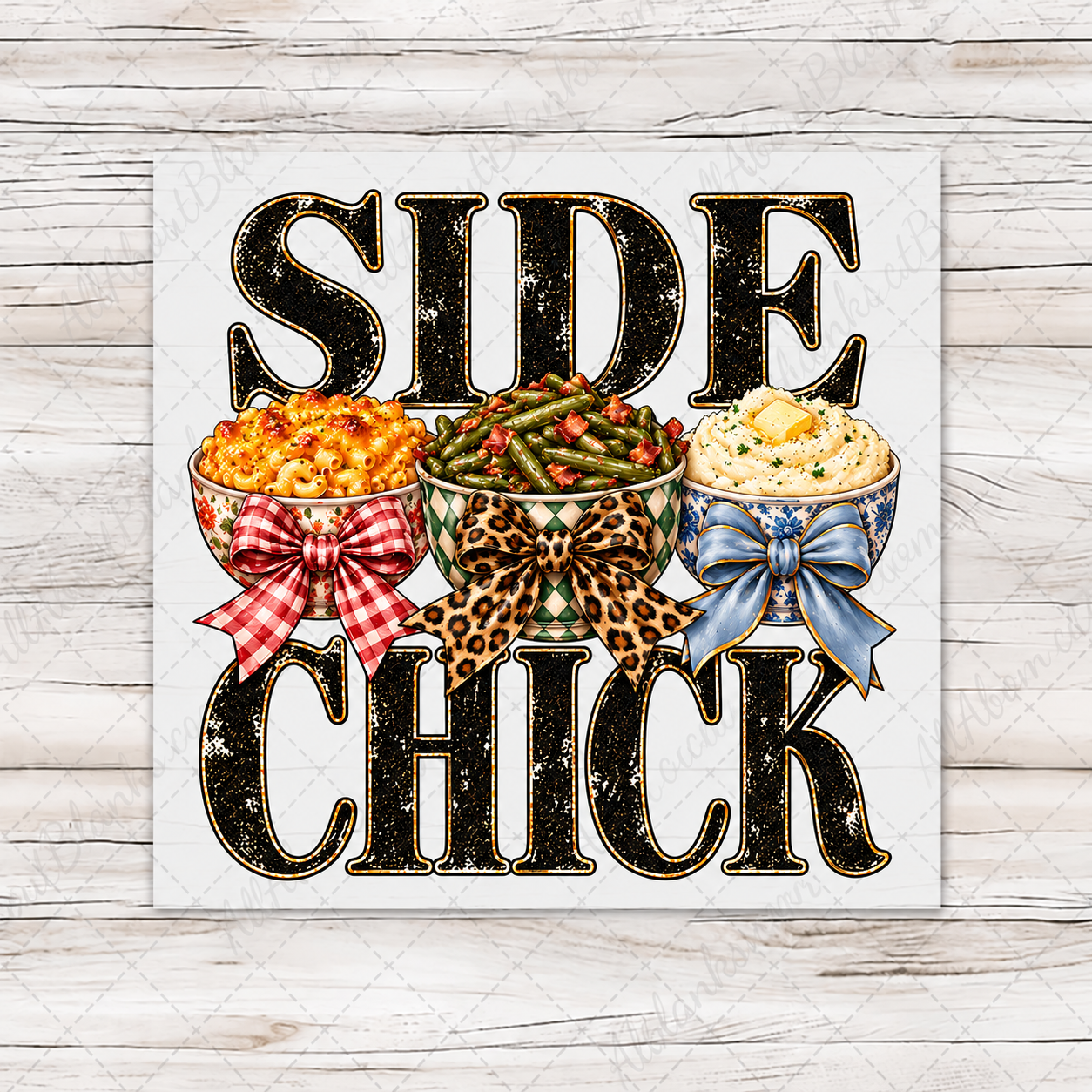 Side Chick Thanksgiving transfer with macaroni cheese, green beans and mashed potatoes in bow-decorated bowls on whitewashed wood