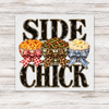 Side Chick Thanksgiving transfer with macaroni cheese, green beans and mashed potatoes in bow-decorated bowls on whitewashed wood