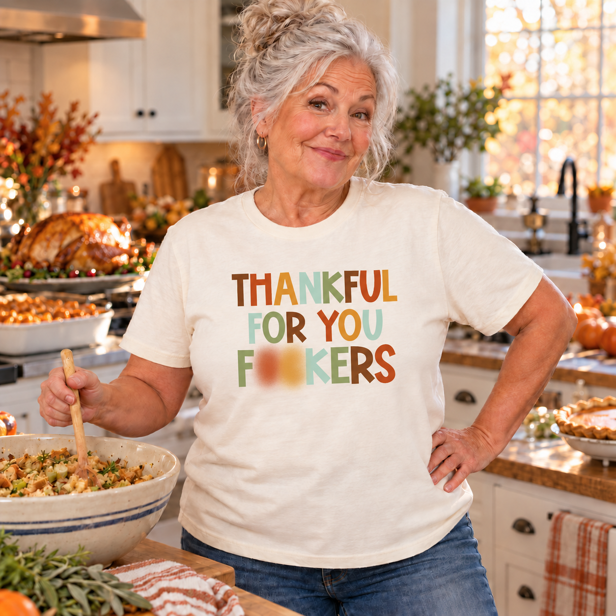 Blurred preview of Thankful For You Fuckers transfer on an ivory tee