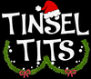 Distressed Tinsel Tits design with a Santa hat, green garland and red bows shown on black